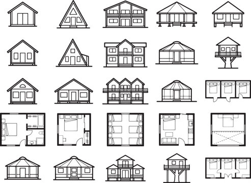 A collection of diverse architectural illustrations showcase various house styles, floor plans, and building designs, offering a comprehensive visual guide to residential construction.