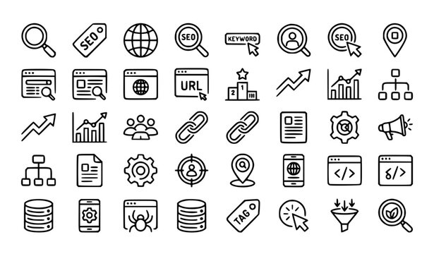 SEO and Web Optimization Outline Icons Collection for Search Ranking Analytics and Online Visibility