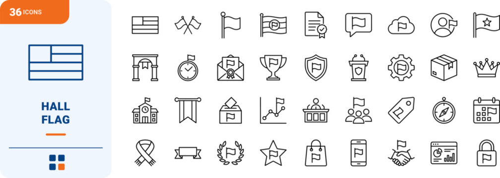 Town Hall Flag line icon set. Vector pictograms of municipal, civic, government, and heraldry elements, thin linear illustration.