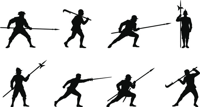 Silhouette Set of Medieval Soldiers Practicing Spear and Halberd Combat Techniques