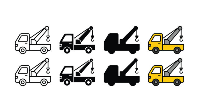 Set of flat vector tow truck icons in various artistic styles