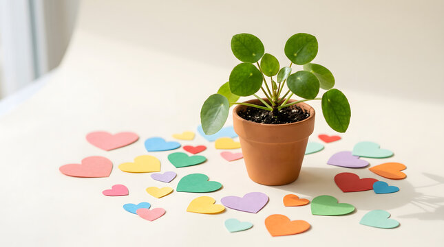 Vibrant green pilea houseplant sits inside a rustic terracotta pot surrounded by many colorful paper hearts on white table background
