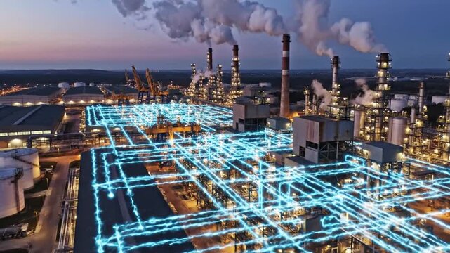 Smart industrial refinery plant with glowing data lines at dusk