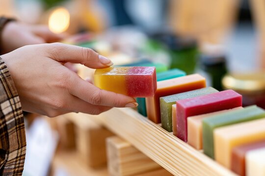 Hand selecting colorful soap bars at market stall