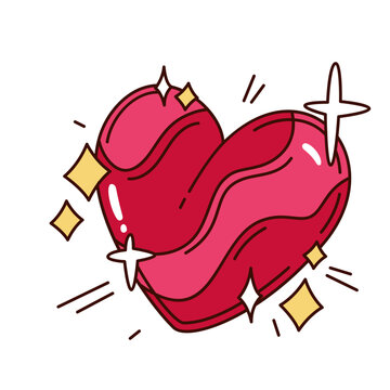 Cartoon heart with glossy red and pink waves, sparkles and bold curved outlines. Stickers, cards and wellness graphics use this cartoon heart, cartoon vector illustration.