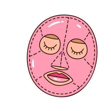 Sheet mask with closed eyes, glossy pink surface and stitched facial openings. Beauty, spa and skincare designs feature this sheet mask, cartoon vector illustration.