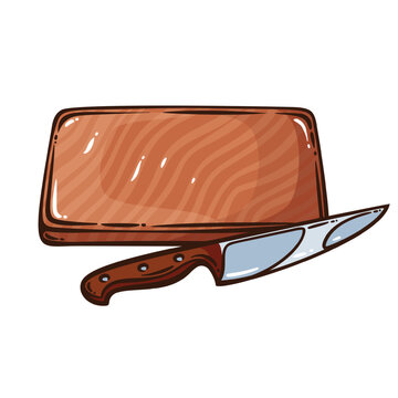 Cutting board with kitchen knife in hand drawn style. Food preparation, cooking and recipe designs use this cutting board for kitchen graphics, vector illustration.