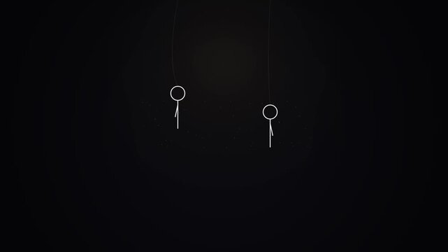 Two animated stick figures swinging like pendulums on dark background