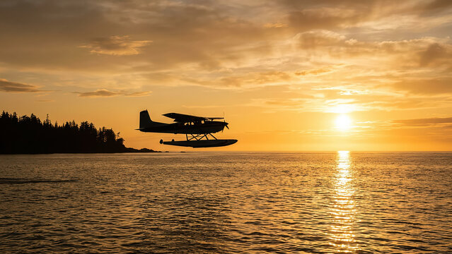 Seaplane flying low over calm ocean water at sunset with golden sunlight generated using ai