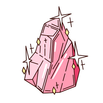 Rose quartz crystal with faceted pink stone, angular edges and sparkling accents. Beauty, wellness and spiritual designs feature rose quartz crystal, cartoon vector illustration.