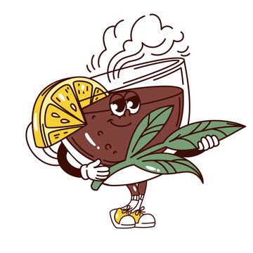Herbal tea character with smiling face, steaming cup, lemon slice and green leaves. Wellness and cafe designs feature this herbal tea character, cartoon vector illustration.