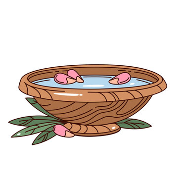 Herbal foot bath in a wooden bowl with water, flower petals and green leaves. Spa, relaxation and self-care designs feature this herbal foot bath, cartoon vector illustration.