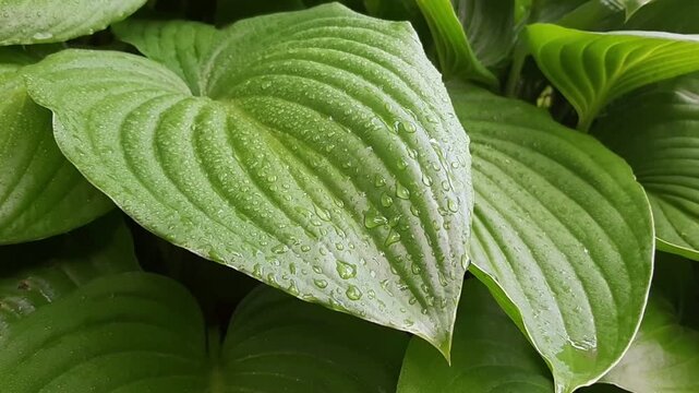 Macro video of water drops on large green hosta leaf after rain. Wet plant foliage texture and natural botanical eco background.