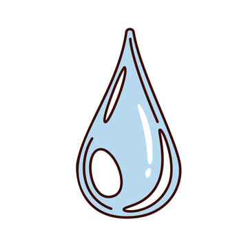 Water drop with glossy blue surface, curved highlights and bold outline. Skincare, hydration and wellness graphics use a water drop, cartoon vector illustration.