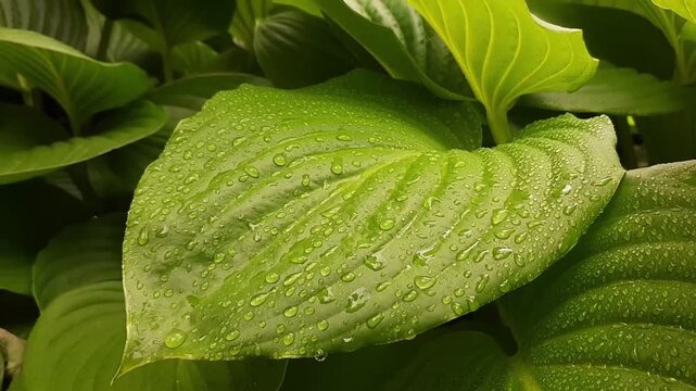 Macro video of water drops on large green hosta leaf after rain. Wet plant foliage texture and natural botanical eco background.