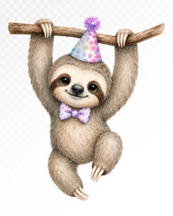 Naklejka premium Party sloth hanging on branch watercolor vector art