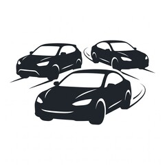 Fototapeta premium Minimalist black silhouette illustration of three modern cars arranged in a layered composition on a clean white background. Simple automotive icon representing transportation, car rental, vehicle fle