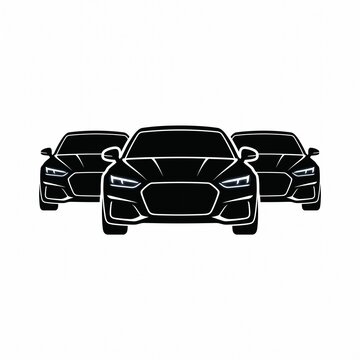 Minimalist black silhouette illustration of three modern cars arranged in a layered composition on a clean white background. Simple automotive icon representing transportation, car rental, vehicle fle