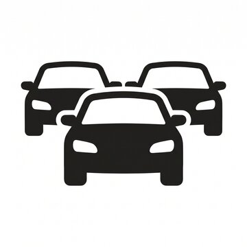 Minimalist black silhouette illustration of three modern cars arranged in a layered composition on a clean white background. Simple automotive icon representing transportation, car rental, vehicle fle