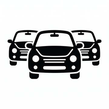 Minimalist black silhouette illustration of three modern cars arranged in a layered composition on a clean white background. Simple automotive icon representing transportation, car rental, vehicle fle