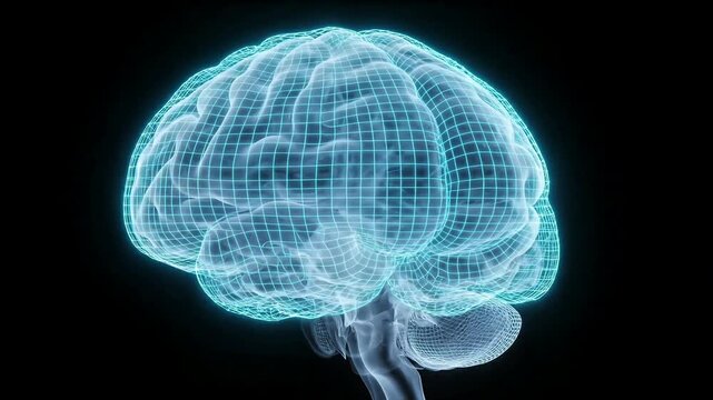 A 3D human brain model surrounded by a blue glowing grid mesh shield representing mental protection, cybersecurity, and neural defense.