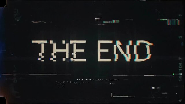 Digital glitch effect overlaying the words "THE END" in pixelated font on a dark background.