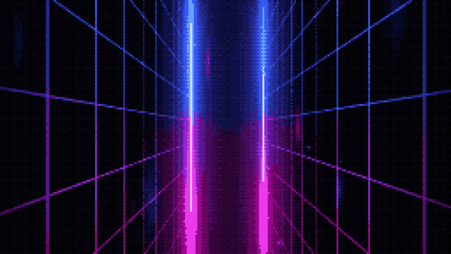 8-bit pixel art space landscape. fantasy game level backdrop. 2D video game graphics. pixelated background. vector illustration. game assets. dark sky at night. mountains range. Dithering bayer 4x4