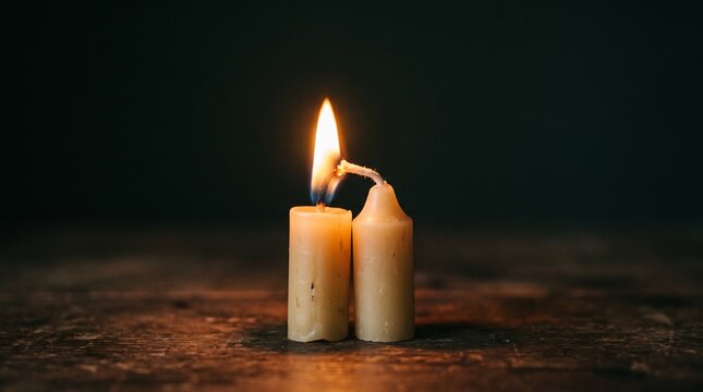 A Warm Candle Flame Igniting Another Unlit Tallow Candle on a Dark Rustic Wooden Surface Representing Hope and Inspiration