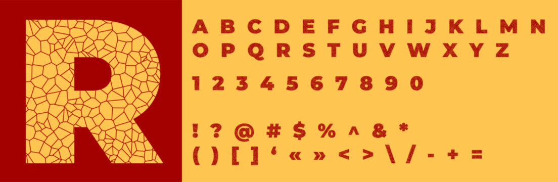 Stylized cracked bold font and alphabet. Voronoi Mosaic style font, broken tile style, font with cracks and fragments, easy to edit. Antique cracks on the wall in the form of letters and symbols.