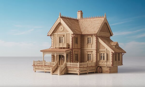 Detailed model of a light beige wooden house with ornate details, a porch, and stairs, positioned on a plain white surface against a light blue sky