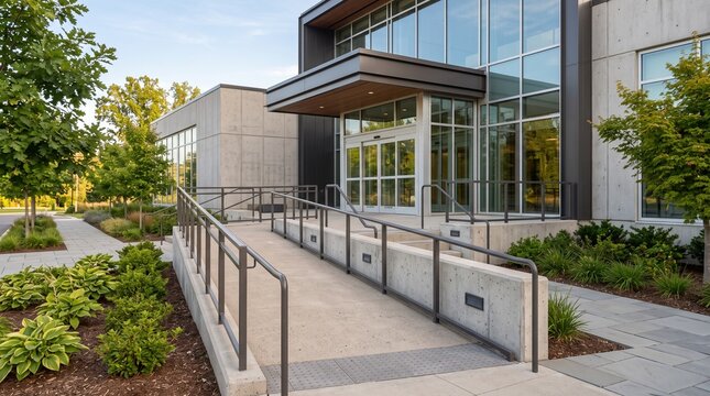 Modern building entrance featuring an accessible concrete ramp and lush green landscaping, highlighting contemporary architecture, functional design, and a welcoming professional aesthetic