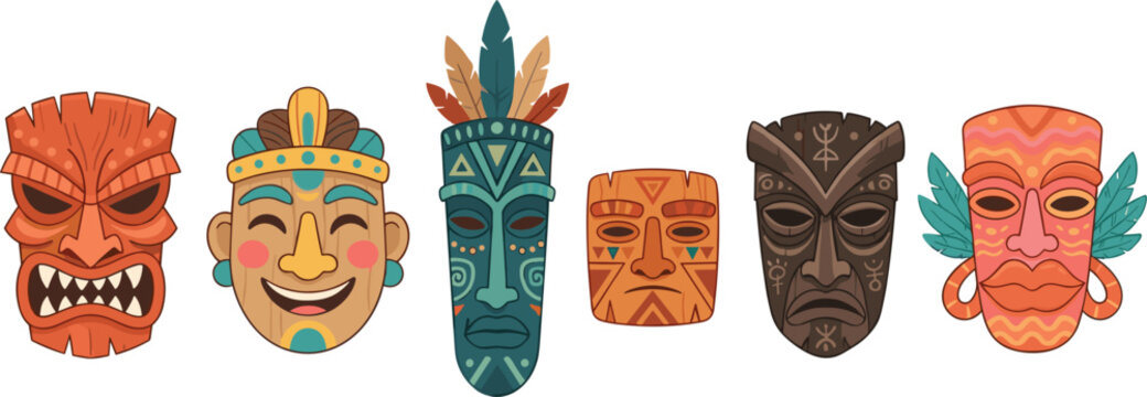 Tribal tiki mask vector set with traditional hawaiian polynesian african wood carvings and exotic ceremonial masks.