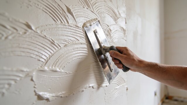 Professional construction worker applying fresh white adhesive across interior wall using wide stainless steel notched trowel during renovation project Closeup view highlights skilled hand technique 