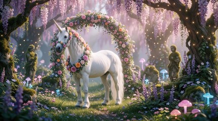 Fototapeta premium White unicorn with pink floral garland stands in magical garden. Mythical creature stays under flower arch near mossy statues. Dreamy fairy tale forest with glowing mushrooms, purple wisteria,