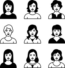 Fototapeta premium Black and white women's avatar profile icons set