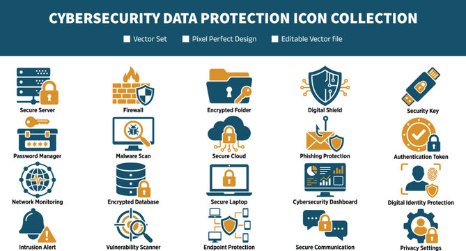 Cybersecurity Data Protection Icon Collection with Network Privacy Firewall and Encryption Symbols for Digital Graphic Design Projects