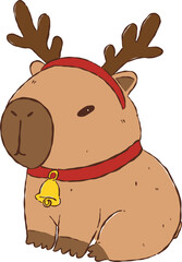 Cute christmas capybara wearing funny reindeer antlers character for winter holiday celebration, christmas doodle illustration hand drawn, xmas decorations