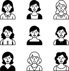 Fototapeta premium Set of nine black and white women's profile icons