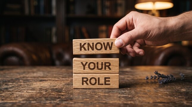Know Your Role text on wooden blocks. Hand stacking wood bricks for business leadership and team management concept.