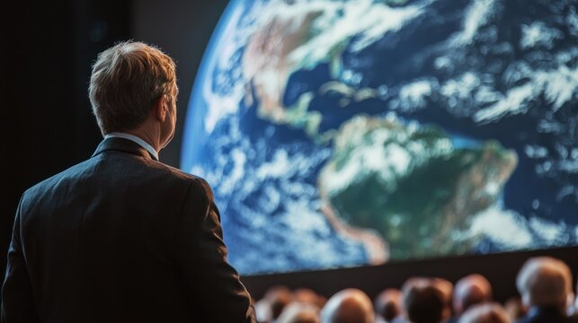 A speaker at a climate action summit addressing an audience about how to implement global climate strategies and policies to combat climate change.