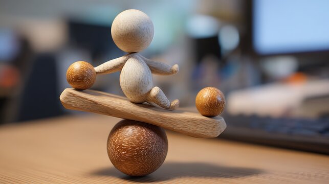 Man Sitting on Wooden Table with Coffee Cup or Wine Glass, Creative Balance and Equilibrium Concept for Business, Lifestyle and Comparison Themes