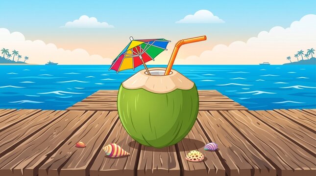 Tropical coconut cocktail with umbrella on wooden pier, refreshing summer drink by the ocean, exotic beach vacation illustration