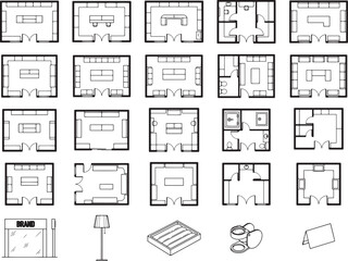 Fototapeta premium Collection of architectural floor plans, including layouts for living rooms, bathrooms, and storefronts, accompanied by furniture and accessory icons.
