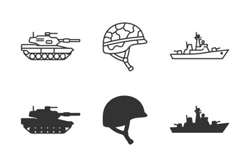 Fototapeta premium Military symbols: tank, helmet, warship icons in black and white design.