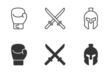 Fototapeta premium Boxing glove, crossed swords, and spartan helmet icons in minimalist style.