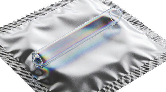 Transparent condom lies on silver foil wrapper. Clear prophylactic protection sits on metallic packaging. Safe sex product for birth control, disease prevention. Single use contraceptive item shown