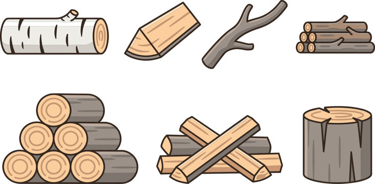 Minimalist firewood and lumber color line icon set featuring timber logs birch wood split kindling branches campfire stack and stump vectors for forestry branding.