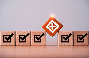 Red cross symbol interrupts a row of completed check marks representing rejection, error, failed verification, exception problem detection, incorrect result and quality control concept.
