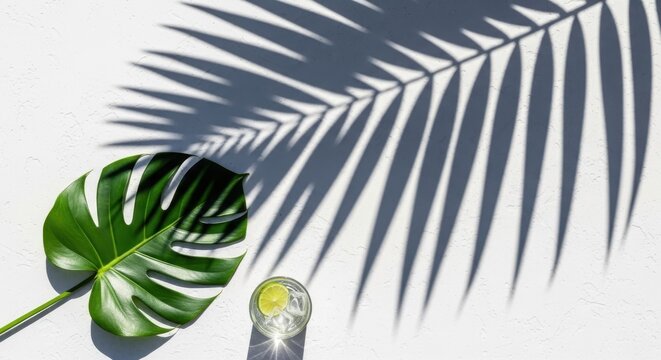Monstera leaf and glass prism casting palm tree shadow on surface