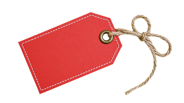 Red paper tag with white stitching and twine bow
